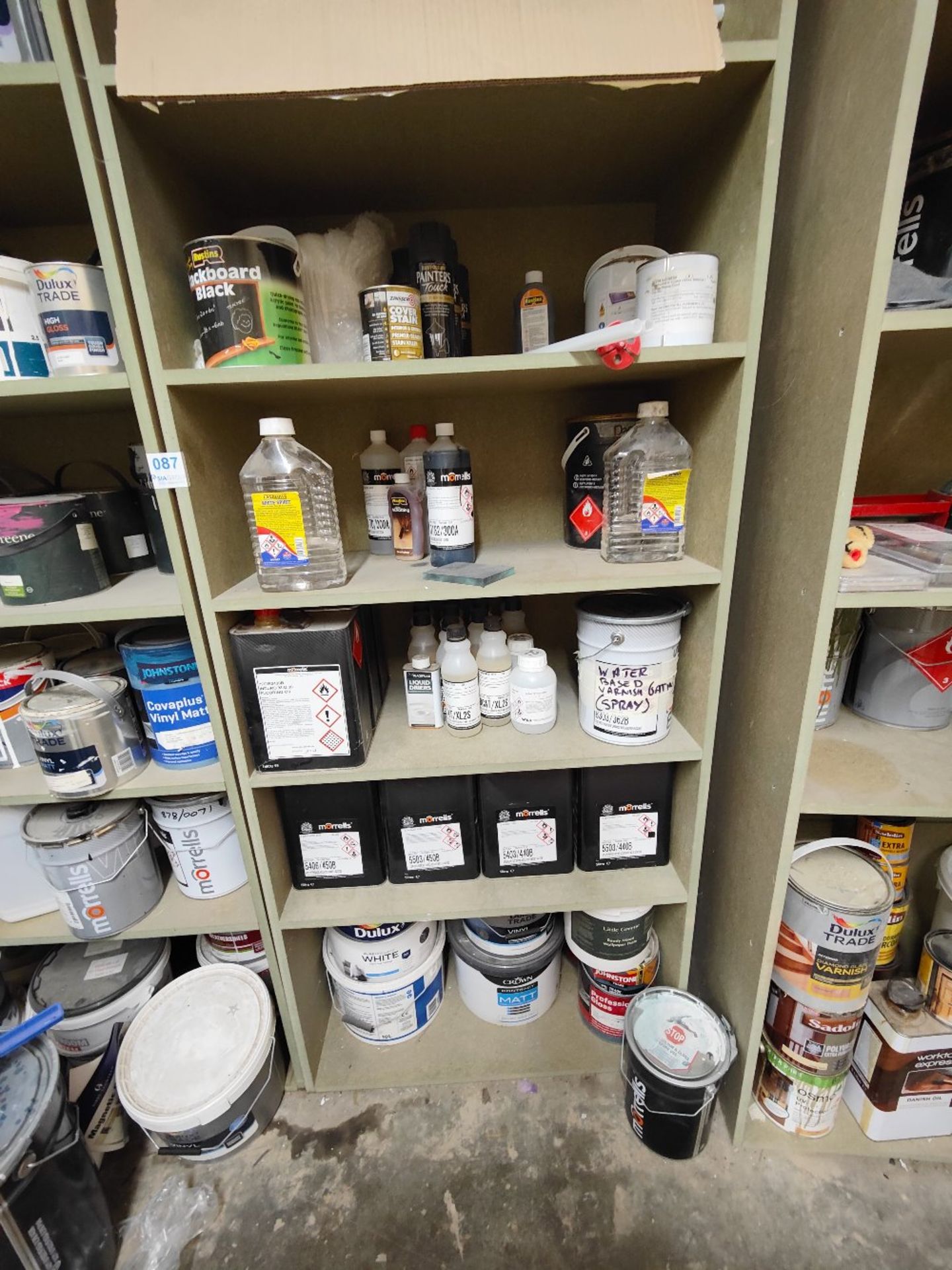 Racking and contents to include various paints, lacquers, roller brushes etc. - Image 4 of 8