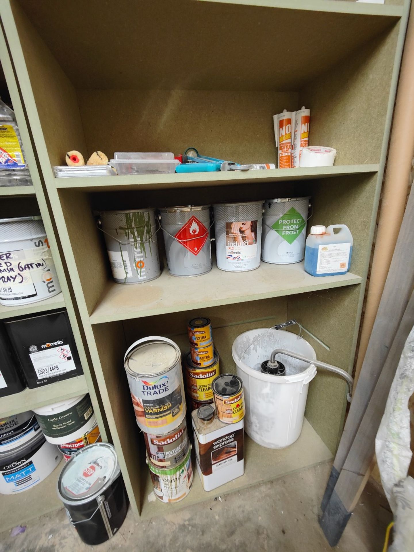 Racking and contents to include various paints, lacquers, roller brushes etc. - Image 7 of 8