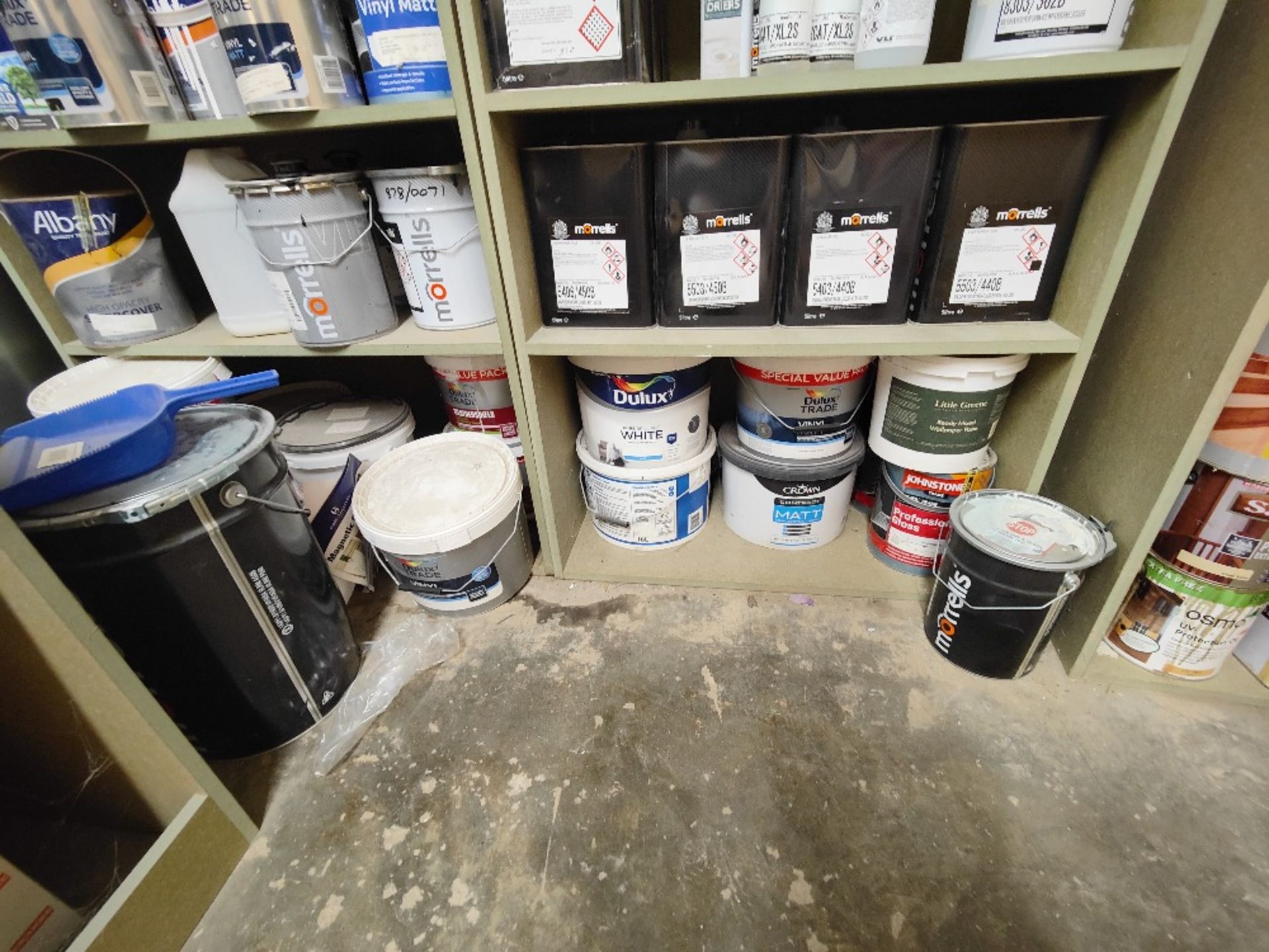 Racking and contents to include various paints, lacquers, roller brushes etc. - Image 5 of 8