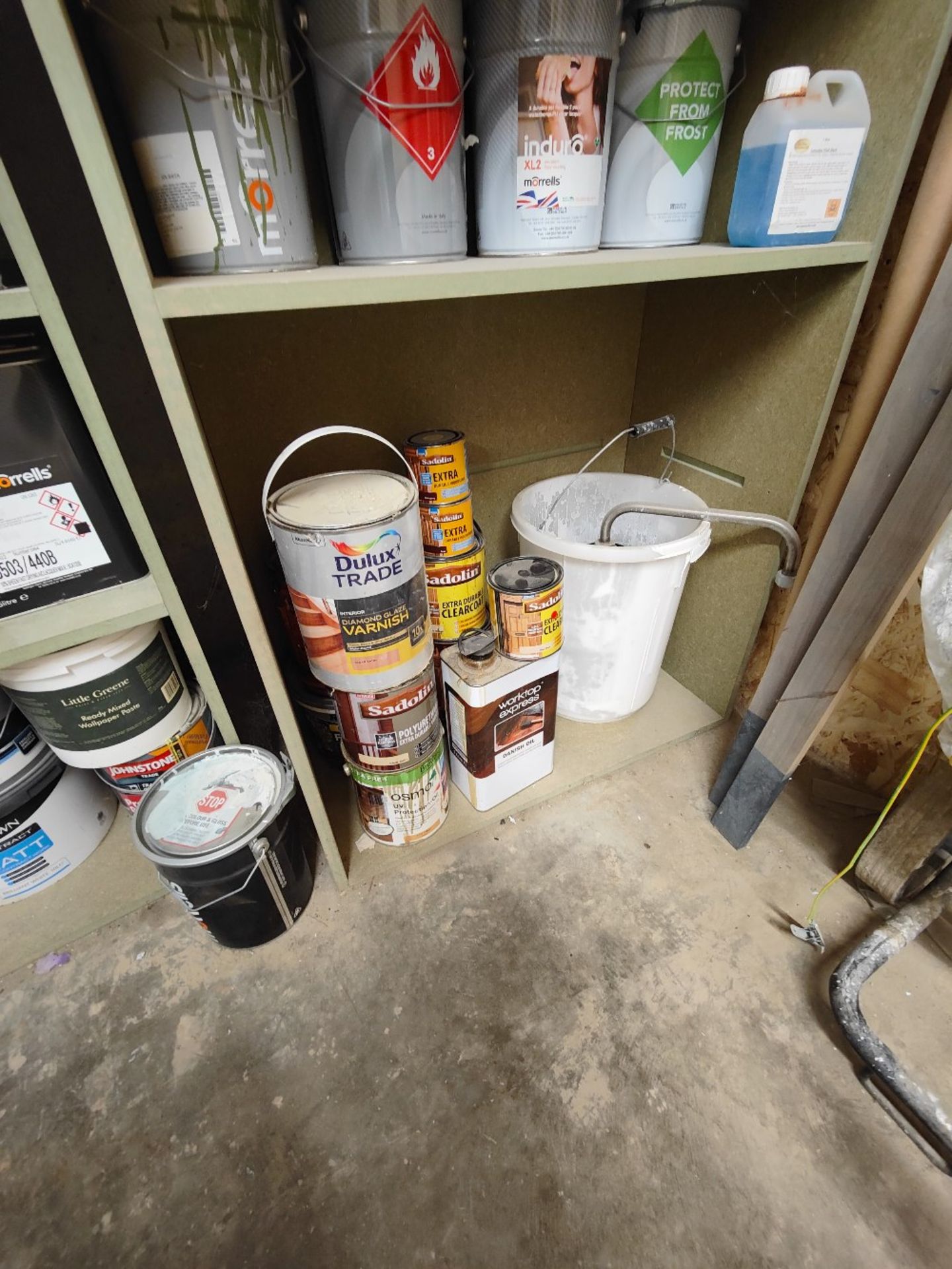 Racking and contents to include various paints, lacquers, roller brushes etc. - Image 6 of 8