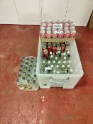 Quantity of Coca Cola cans and glass bottles of still and sparkling water, as lotted.