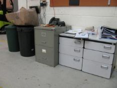 (2) plastic bins and Steel 2 door locker and (2) grey pedistals