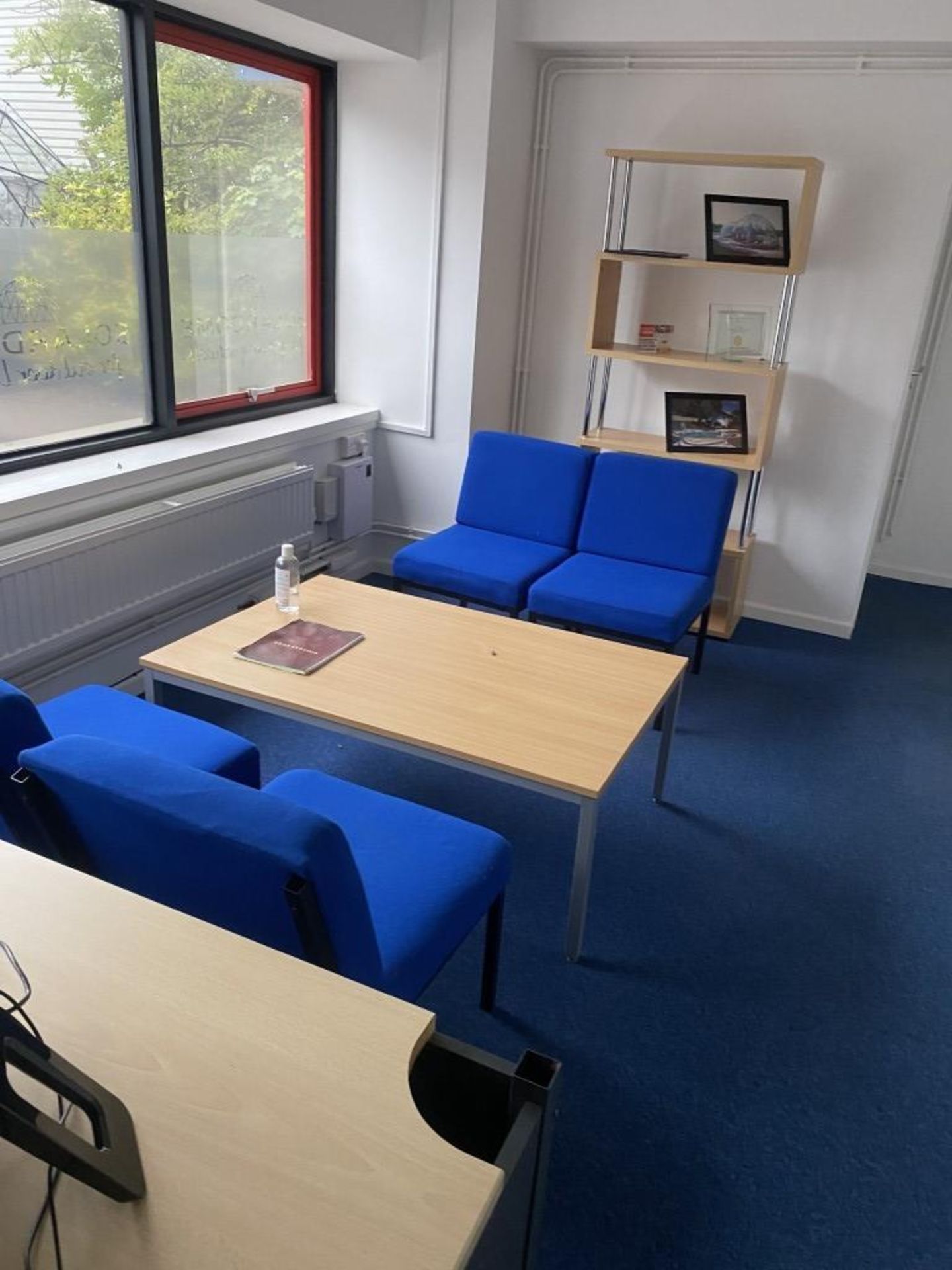 (4) blue fabric upholstered reception chairs & table