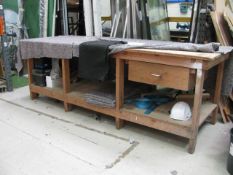 Timber framed work bench approx 3mX1m with drawer