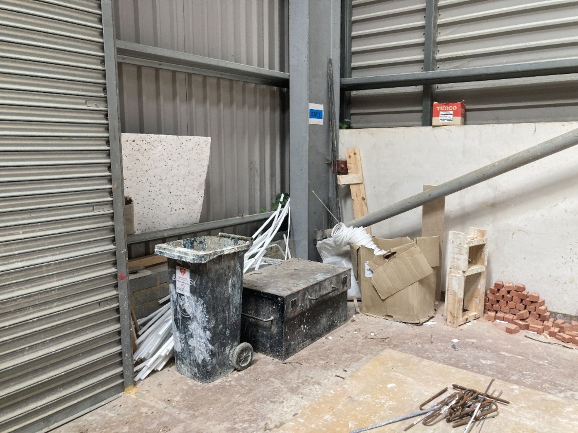 Bay Of Contents Containing Storage Box, Bricks, Wooden Offcuts, Shadow board, Rod