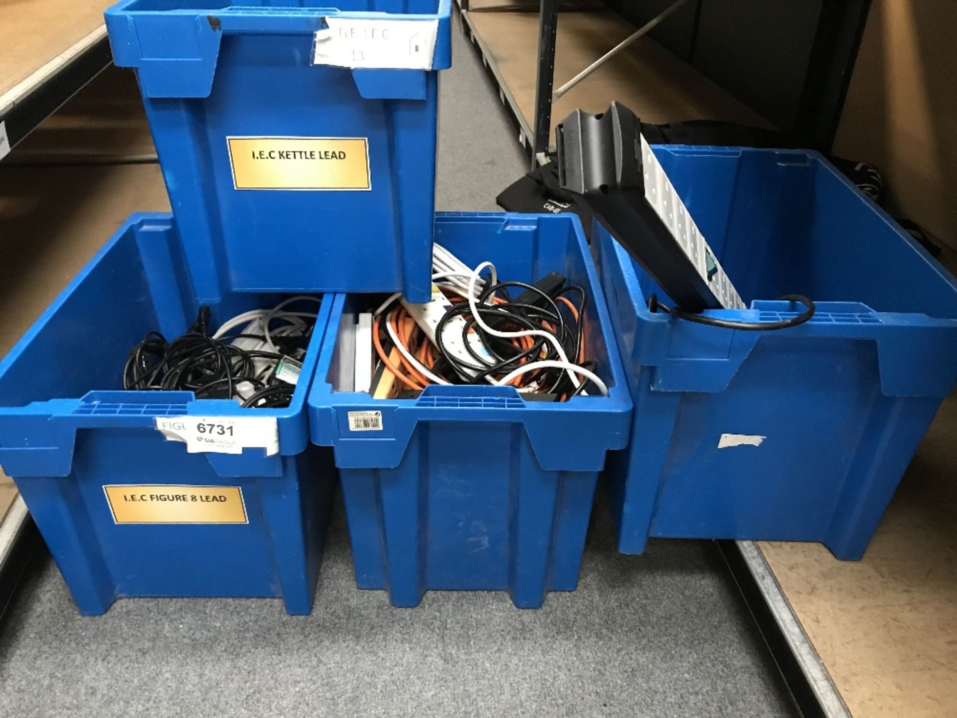 (4) Large Lin bins To Include Various IEC Cables And Extension Leads