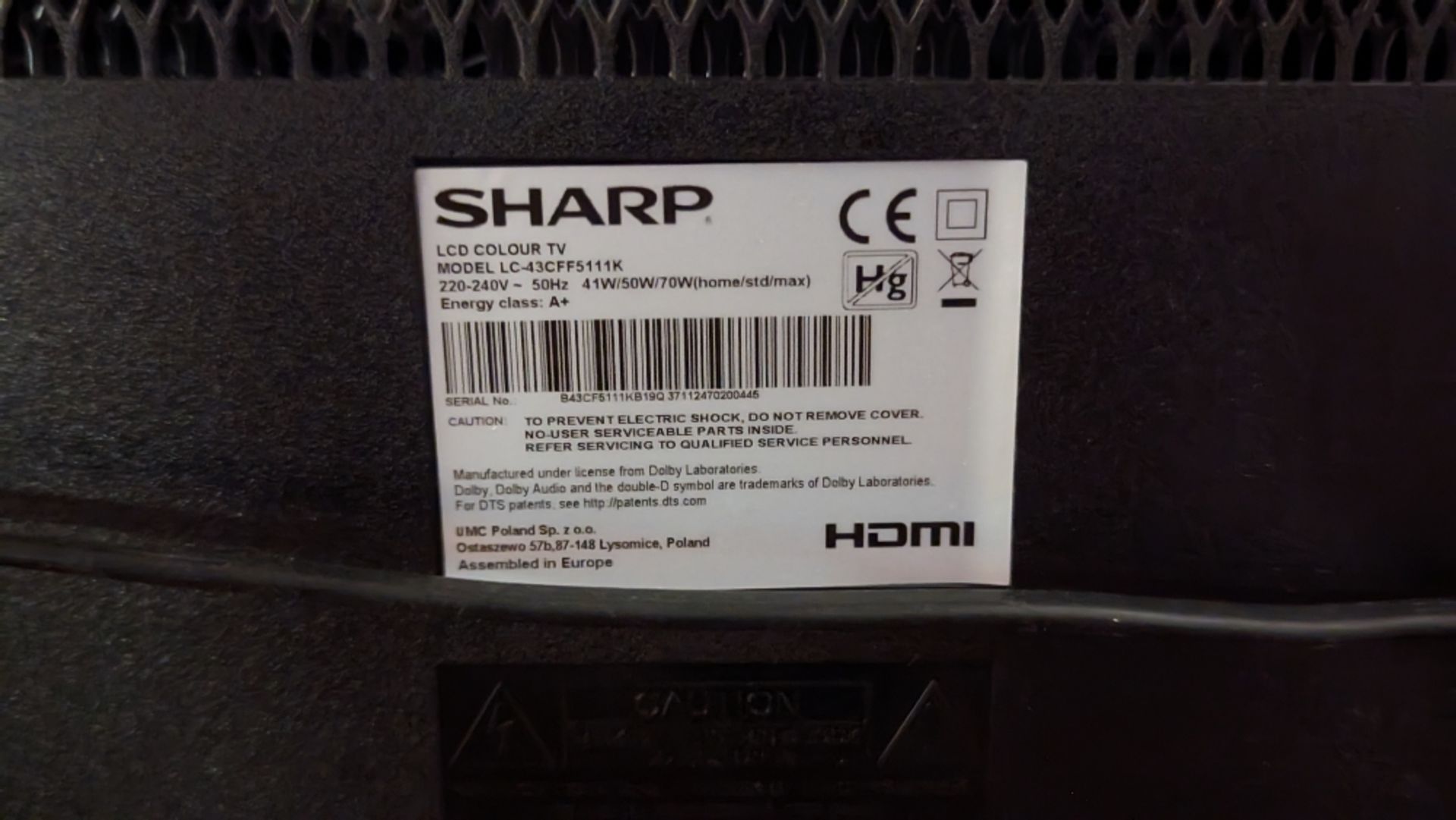 Sharp LC-43CFF5111K television with power cord - Image 2 of 2