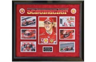 A Superb Framed Michael Schumacher Montage with a Hand-Signed Image at the Centre