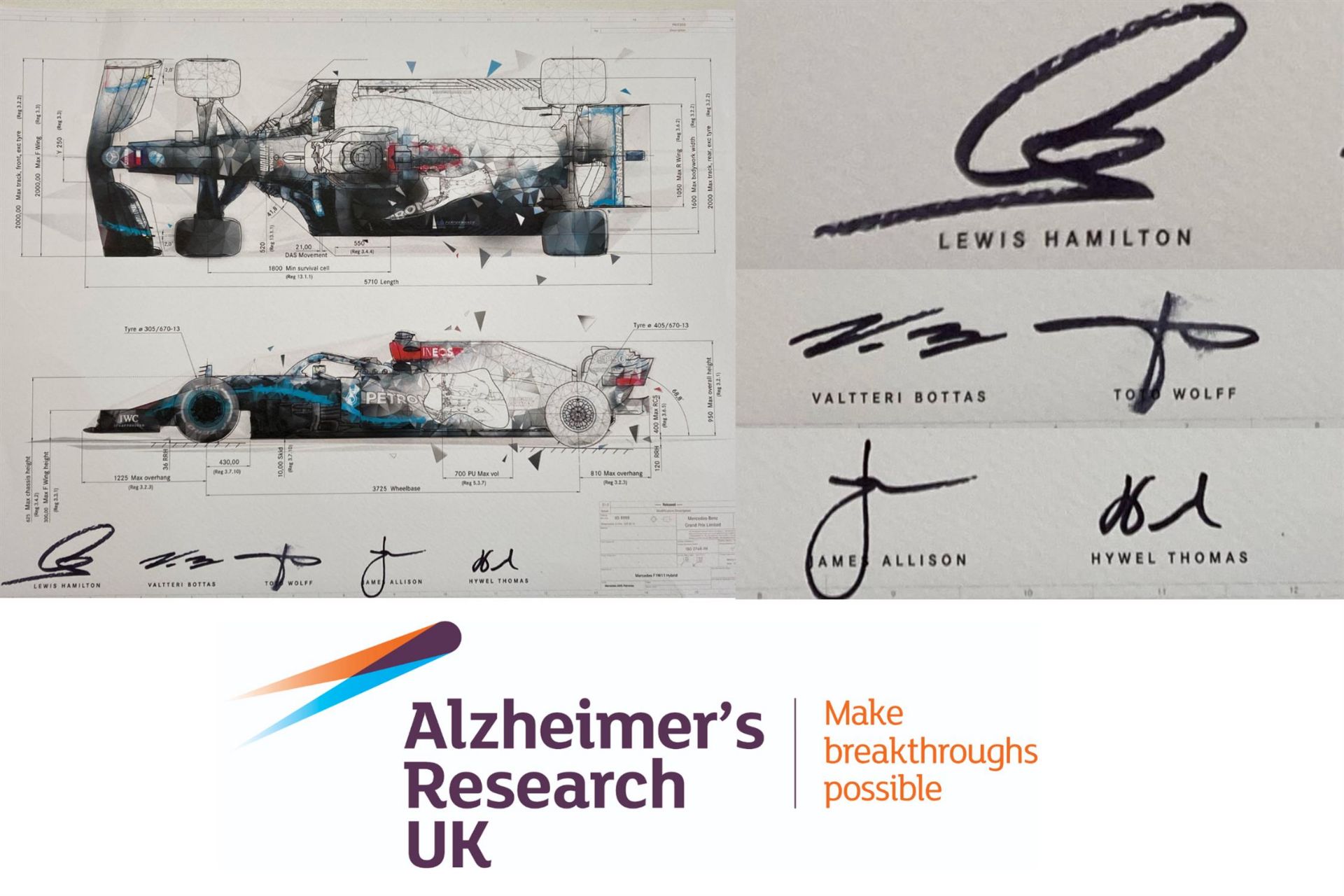 To Benefit Alzheimer's Research UK. Charity Lot: Signed Mercedes F1W11 Hybrid Technical Drawing