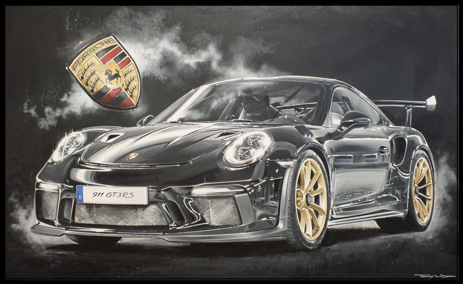 Black 991 GT3 Rennsport. Original Artwork by Tony Upson