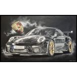 Black 991 GT3 Rennsport. Original Artwork by Tony Upson