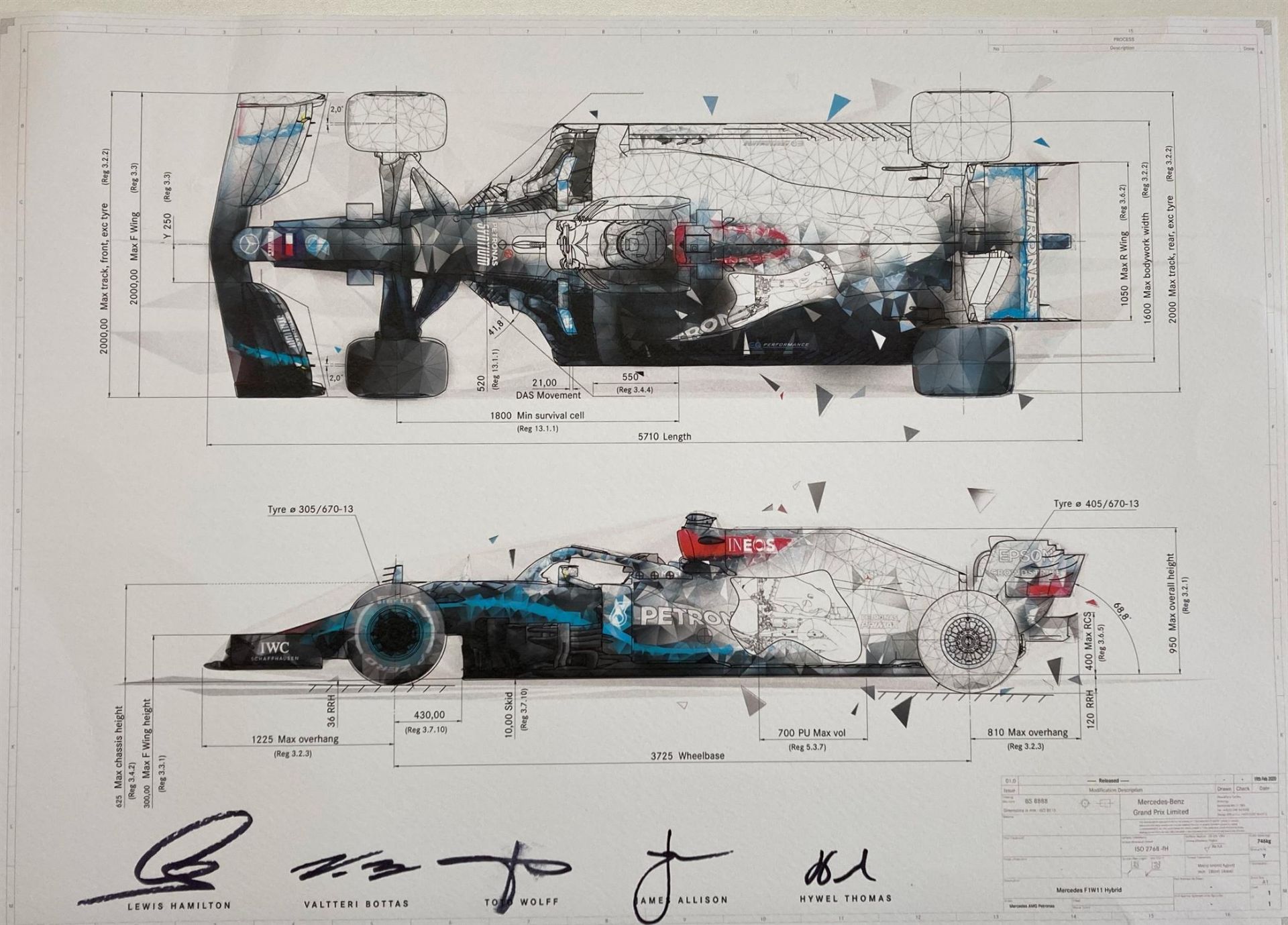 To Benefit Alzheimer's Research UK. Charity Lot: Signed Mercedes F1W11 Hybrid Technical Drawing - Image 2 of 4