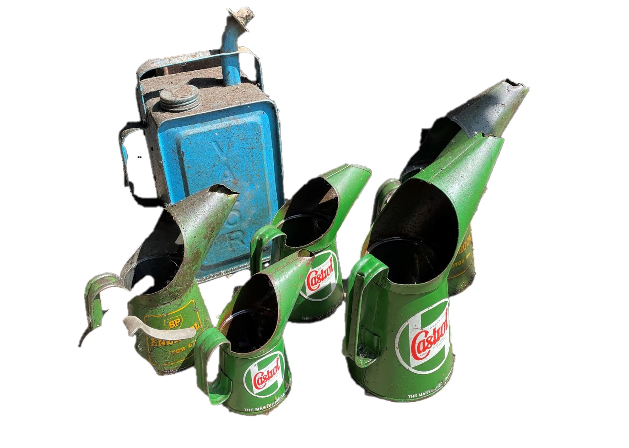 Six Assorted Oil Dispensers and Fuel Can
