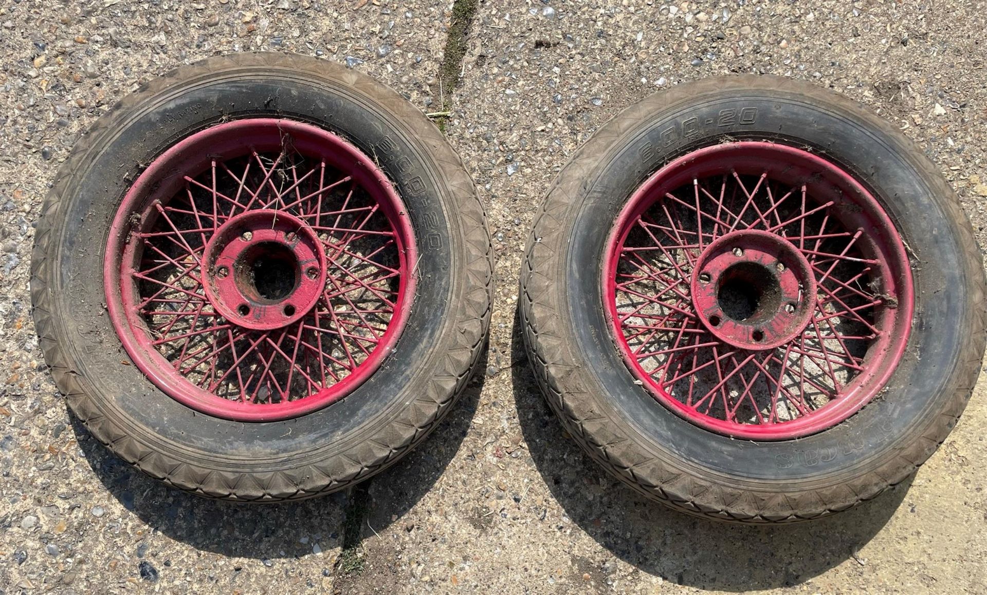 A Pair Dodge Spoked Wheels Fitted with 600/20 Older Tyres