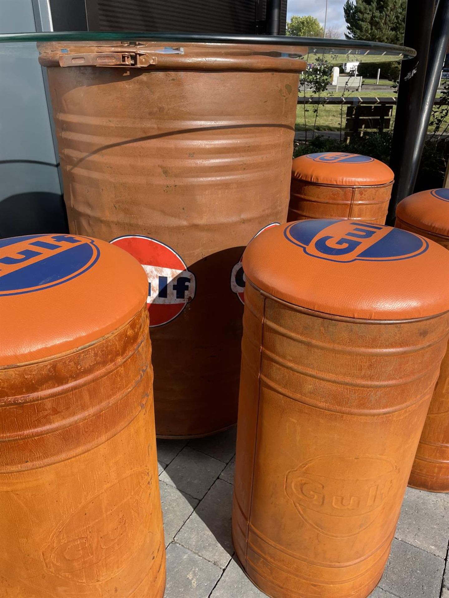 Gulf-Themed Oil Drum Table and Seat Set - Image 2 of 10