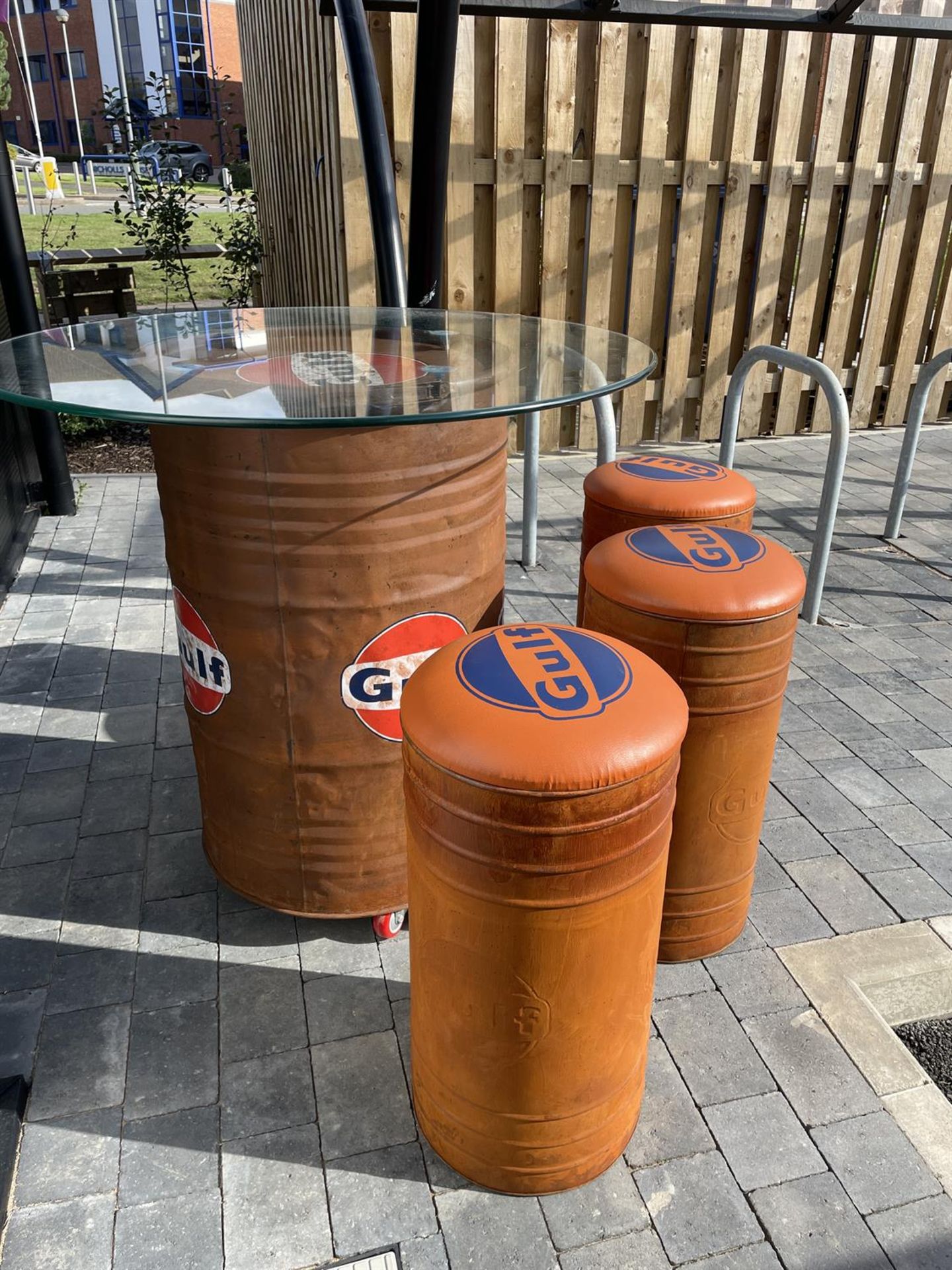 Gulf-Themed Oil Drum Table and Seat Set - Image 6 of 10