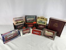Ten boxed model buses, together with an unboxed Exclusive First Edition bus.