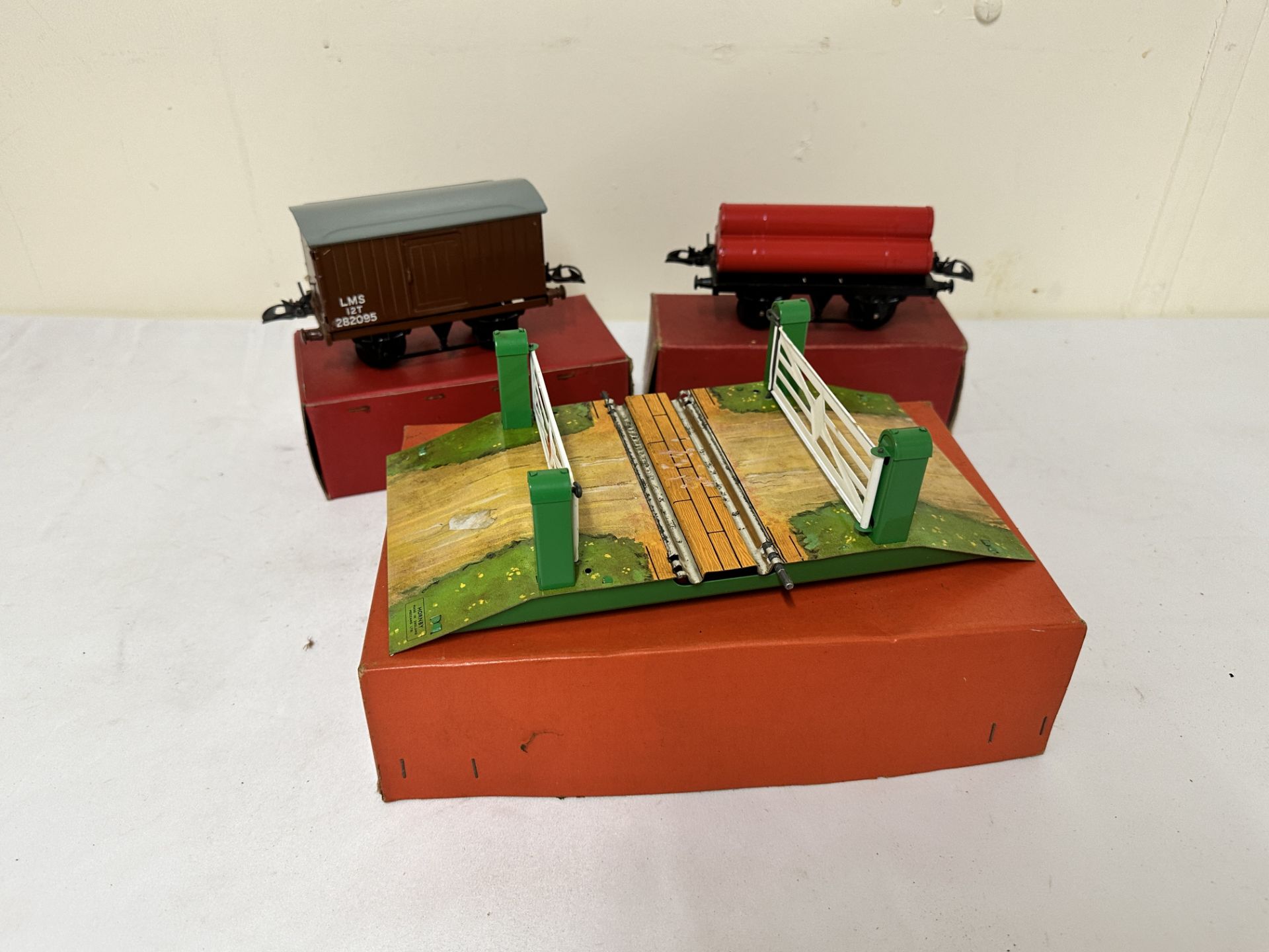 Hornby 0 gauge level crossing and wagon