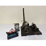 DC model static steam engine and windmill; together with a tin plate water wheel