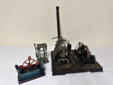 DC model static steam engine and windmill; together with a tin plate water wheel