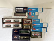 Bachman 1:76 scale locomotive together with a quantity of 00 gauge carriages and wagons