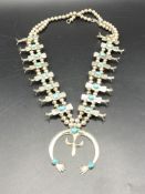 Navajo silver and turquoise Squash Blossom necklace