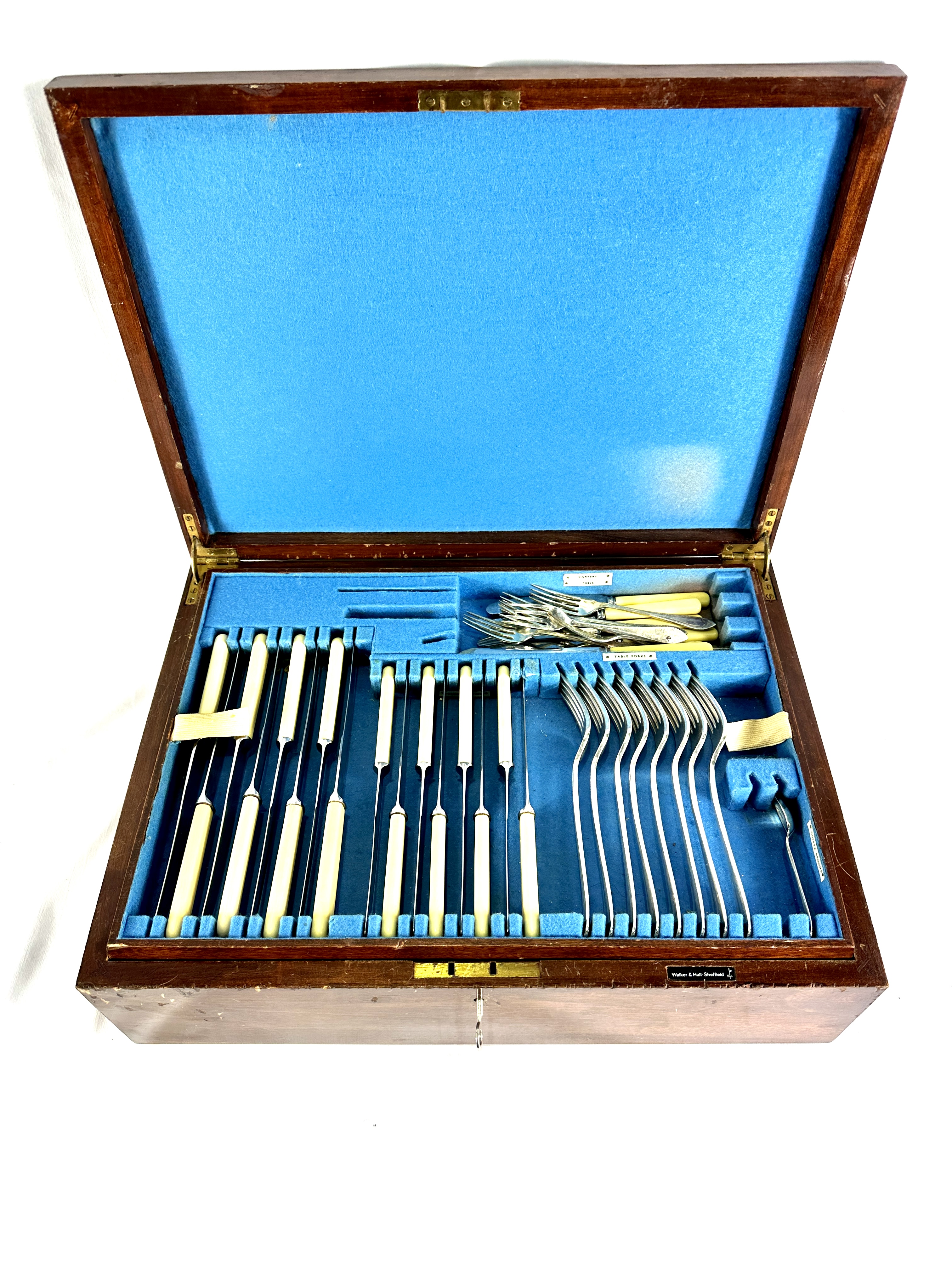 Mahogany box containing a Walker & Hall part canteen of silver plate cutlery