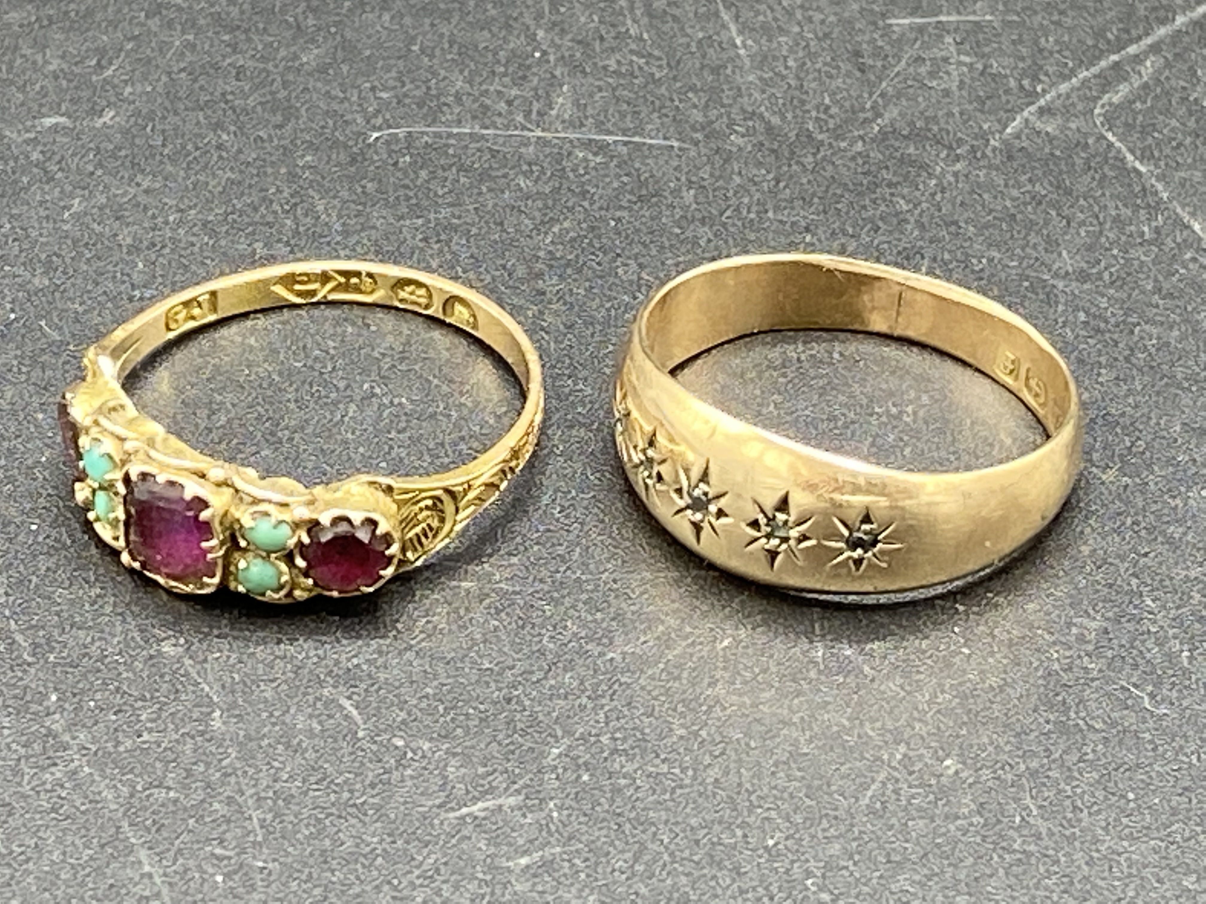 Victorian ruby and green cabochon 12ct gold ring and an Edwardian 9ct gold ring - Image 2 of 5