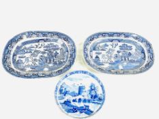 Two blue and white meat dishes together with a Spode blue and white stand