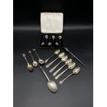 Boxed set of silver coffee spoons together with other silver spoons