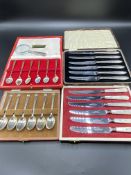 Six silver coffee spoons in case together with other silver and silver plate cutlery