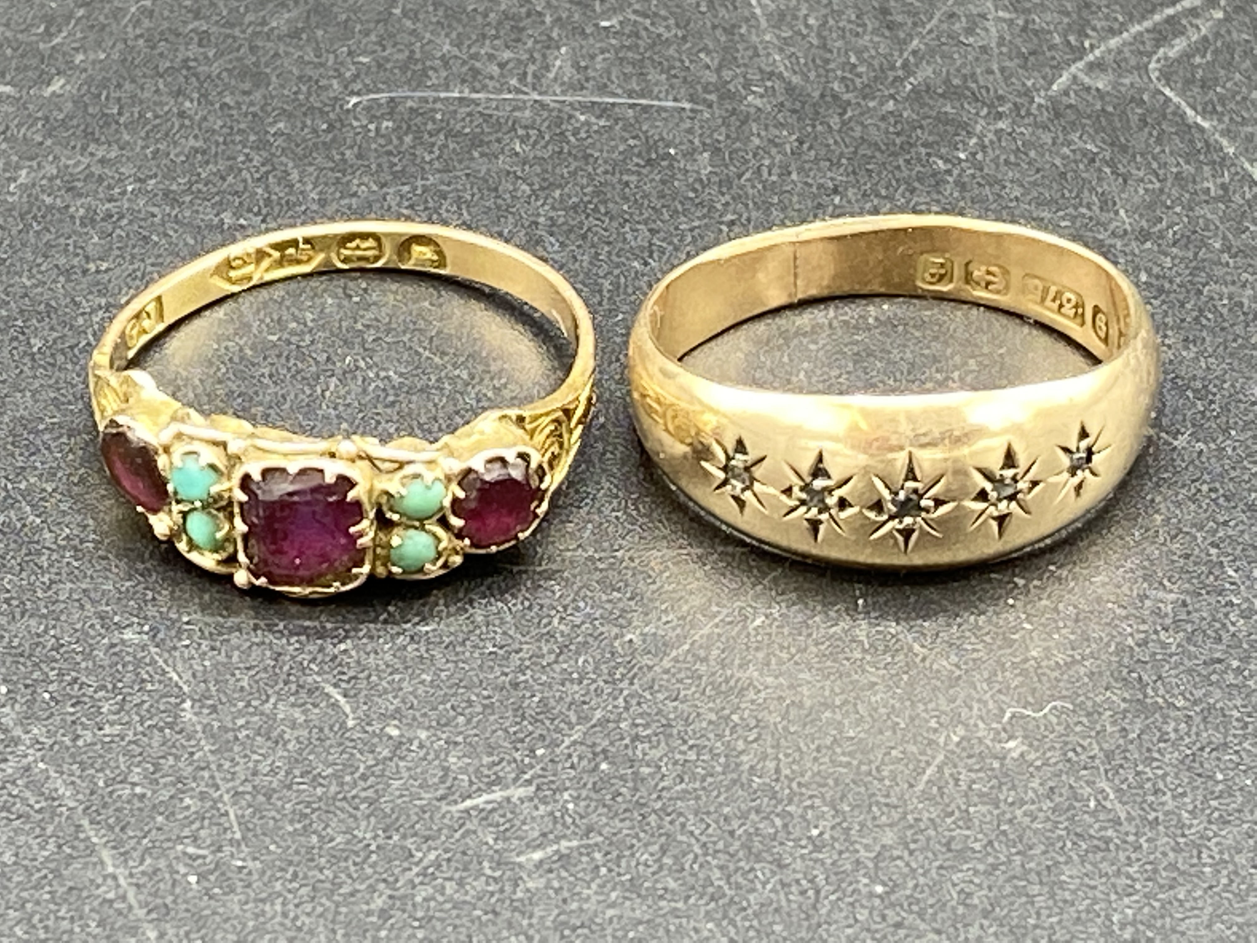 Victorian ruby and green cabochon 12ct gold ring and an Edwardian 9ct gold ring - Image 5 of 5