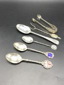 Three silver commemorative tea spoons and other items of silver