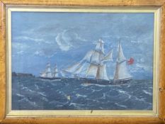 Framed and glazed oil painting of a sailing brig