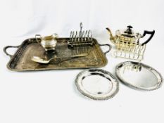 Two handled silver plate tray and other items of silver plate