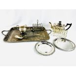 Two handled silver plate tray and other items of silver plate