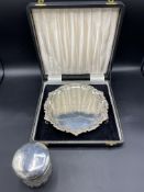 Hallmarked silver salver, 1973; together with a silver topped glass jar