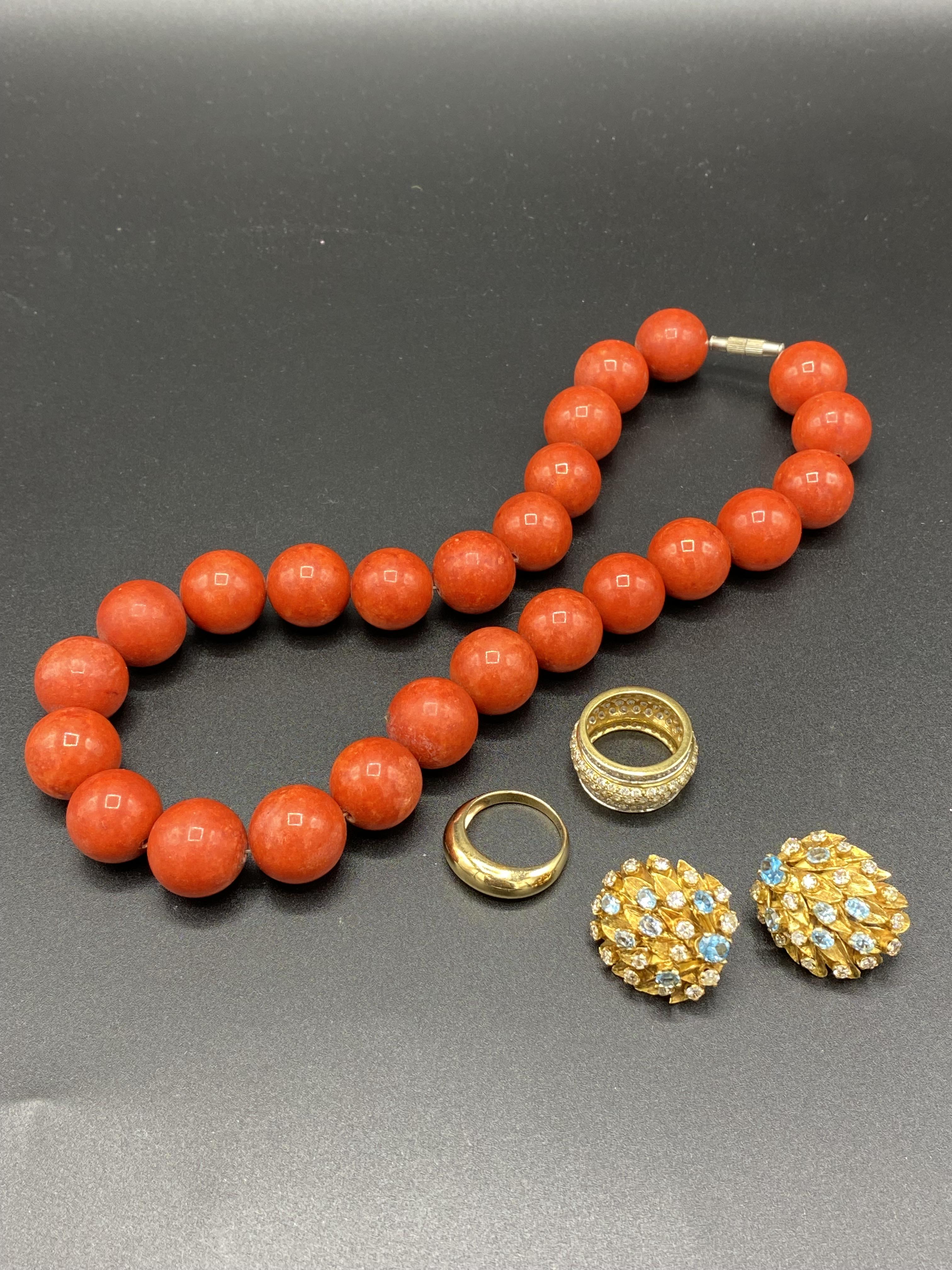 Pair of yellow metal earring set with diamonds and aquamarines, together with costume jewellery