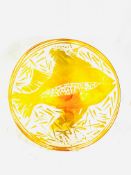 Art glass yellow bowl with etched fish