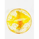 Art glass yellow bowl with etched fish