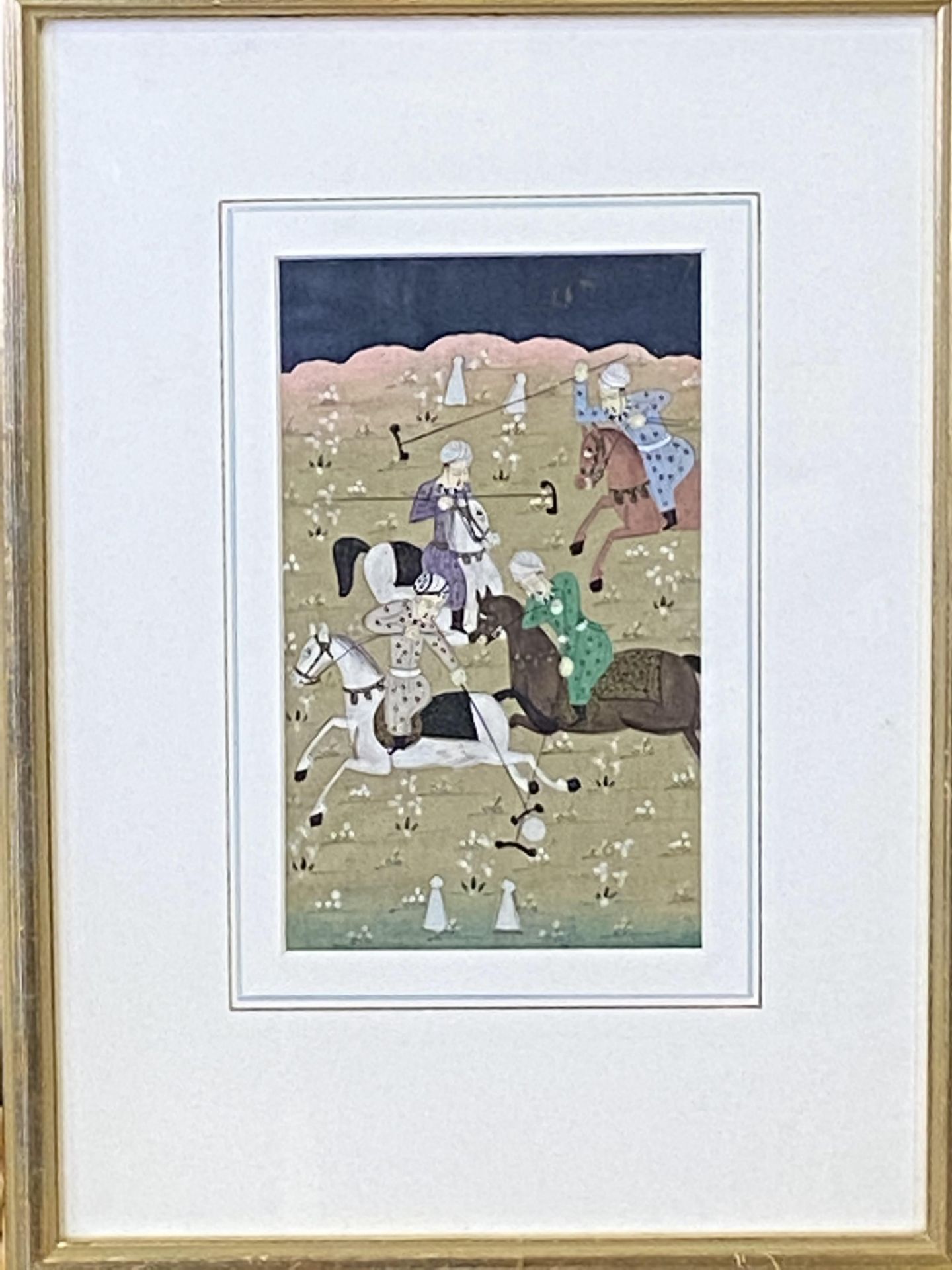 Framed and glazed watercolour of polo players