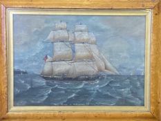 Framed and glazed oil painting of a sailing brig