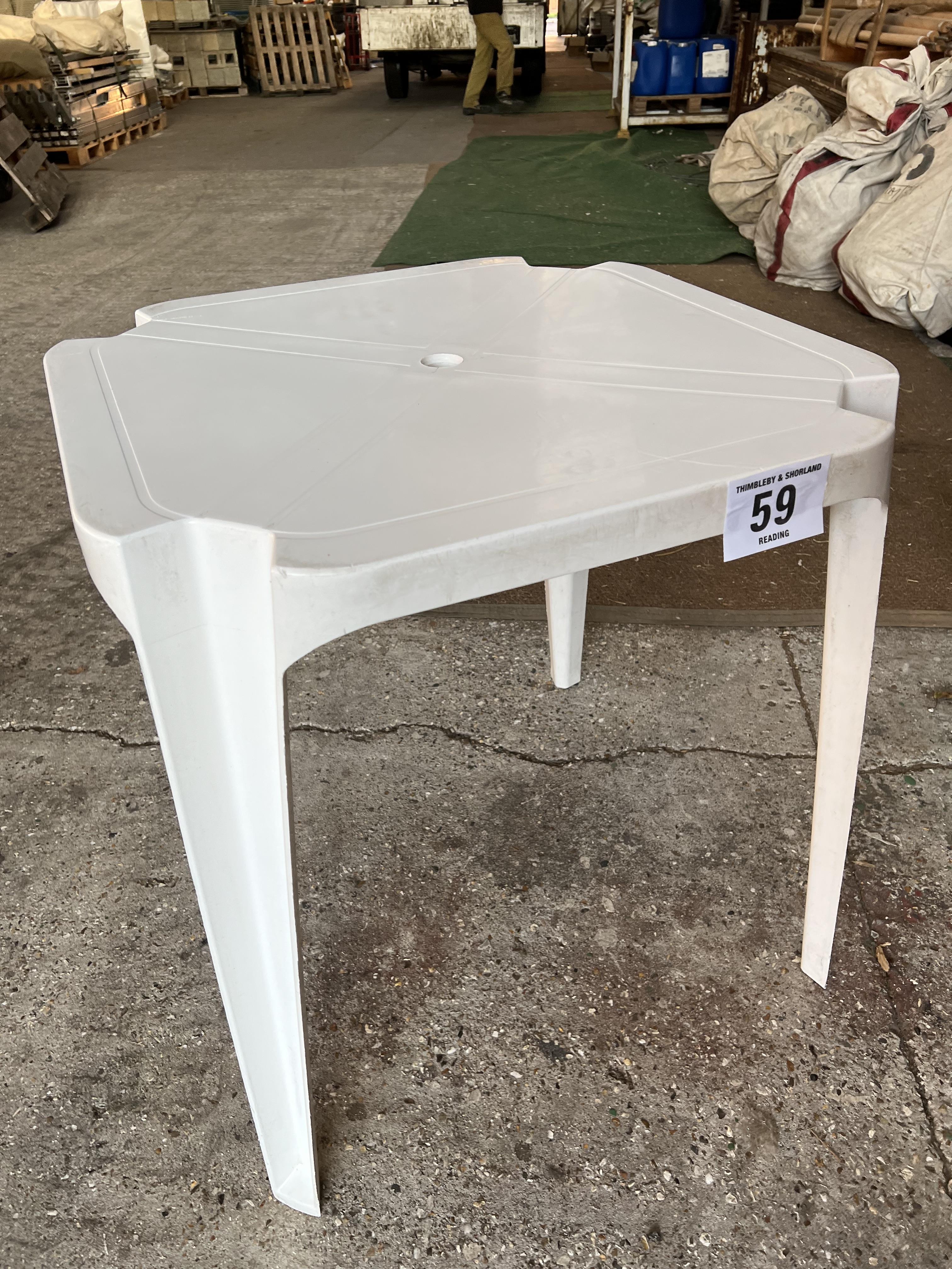 50 square white resin tables 70 x 70 x 71cms (h). This lot is subject to VAT