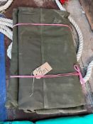 12ft x 12ft Khaki cotton tarpaulin, hemmed, eyeletted and with ropes. This lot is subject to VAT