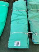 12ft x 12ft green cotton tarpaulin, hemmed, eyeletted and with ropes. This lot is subject to VAT