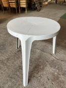 12 circular 3 legged white resin tables 70cms diameter x 73cms high. This lot is subject to VAT