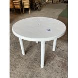 15 round white resin tables with 4 slot-in legs 89cms x 73 cms high. This lot is subject to VAT