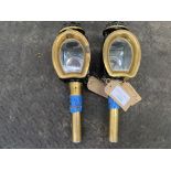 Pair of horseshoe fronted carriage lamps, black & brass.