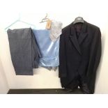Large navy blue pinstripe morning suit, trousers, jacket and waistcoat