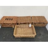 4 x wicker baskets, three of which are 12" x 8" x 17" and one 20" x 12" x 6".